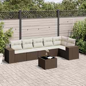 Vrtna sedežna garnitura 7-delna z blazinami rjav poli ratan