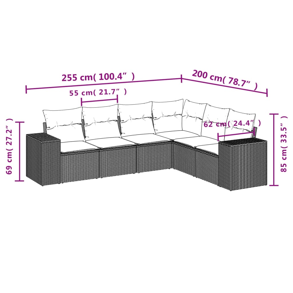 vidaXL 6-delige Loungeset met kussens poly rattan bruin