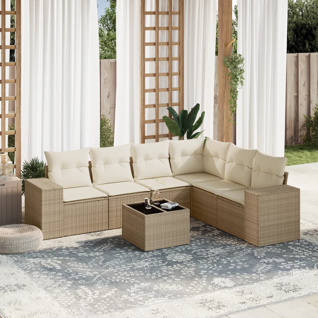 7-tlg. Garten-Sofagarnitur mit Kissen Beige Poly Rattan