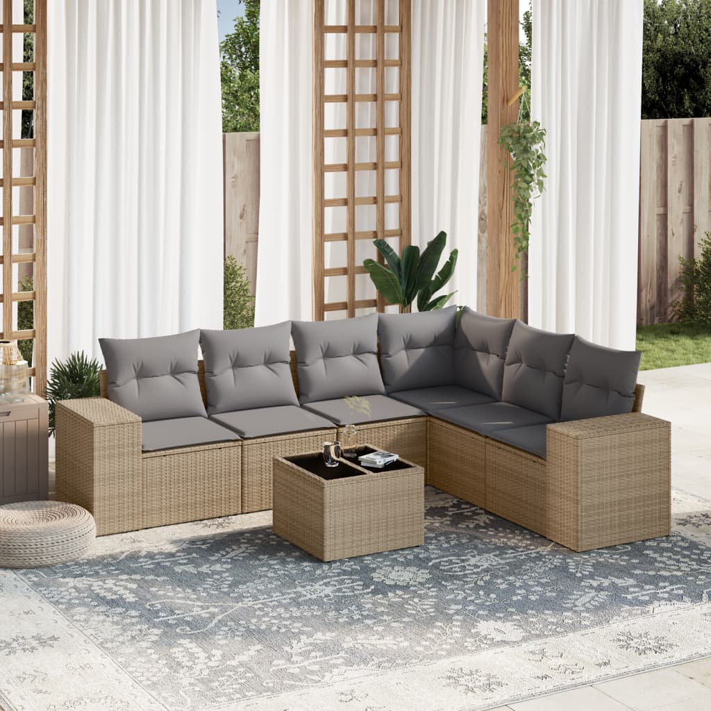 7-tlg. Garten-Sofagarnitur mit Kissen Beige Poly Rattan