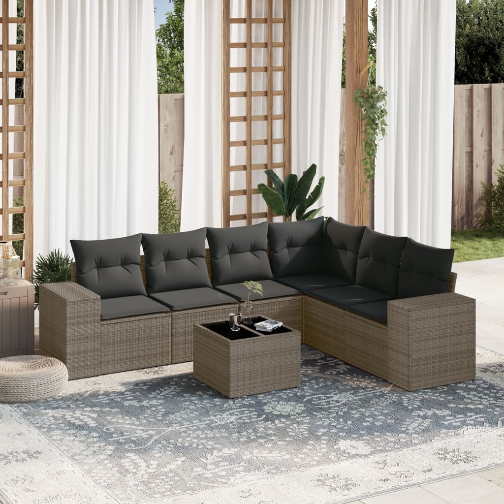 vidaXL 7-tlg. Garten-Sofagarnitur mit Kissen Grau Poly Rattan