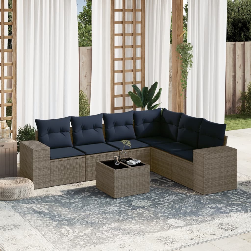 Havesofasæt i grå polyrattan med hynder - 7 dele, modulært