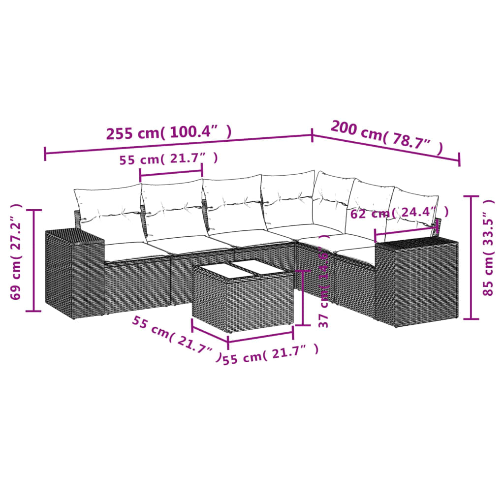 vidaXL 7-teiliges Gartensofa-Set mit Kissen, braun, Polyrattan – Bild 7