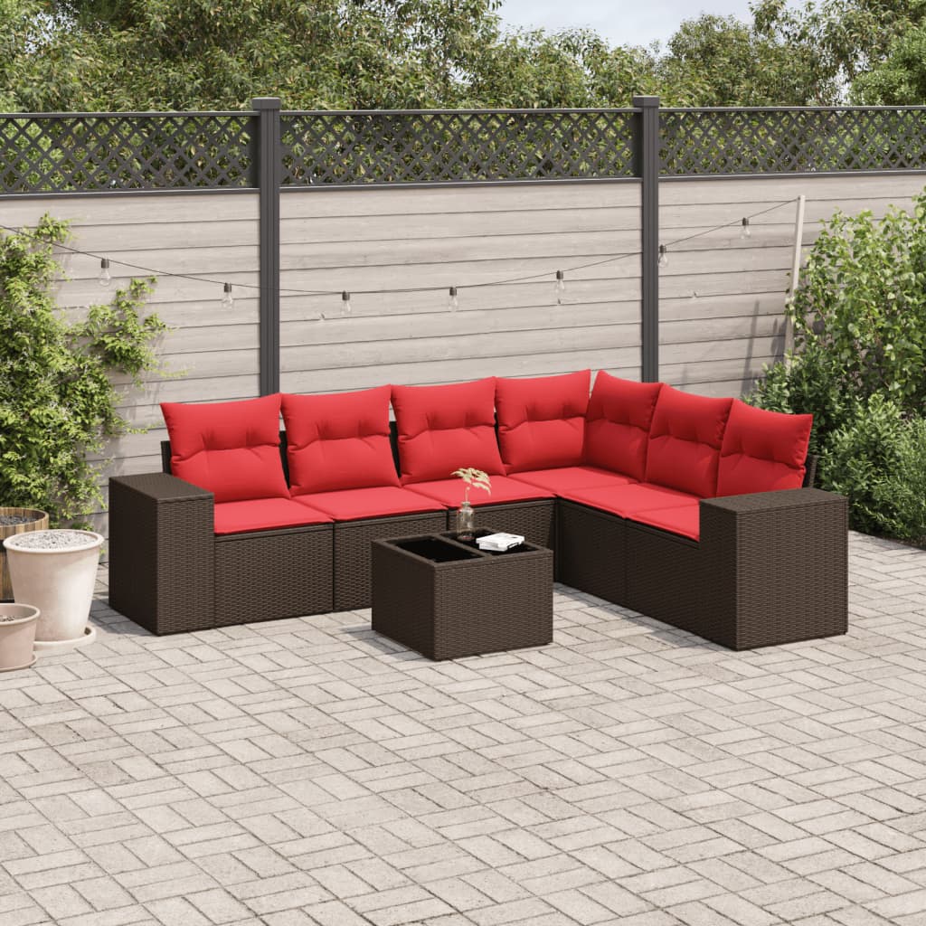 vidaXL 7-teiliges Gartensofa-Set mit Kissen, braun, Polyrattan