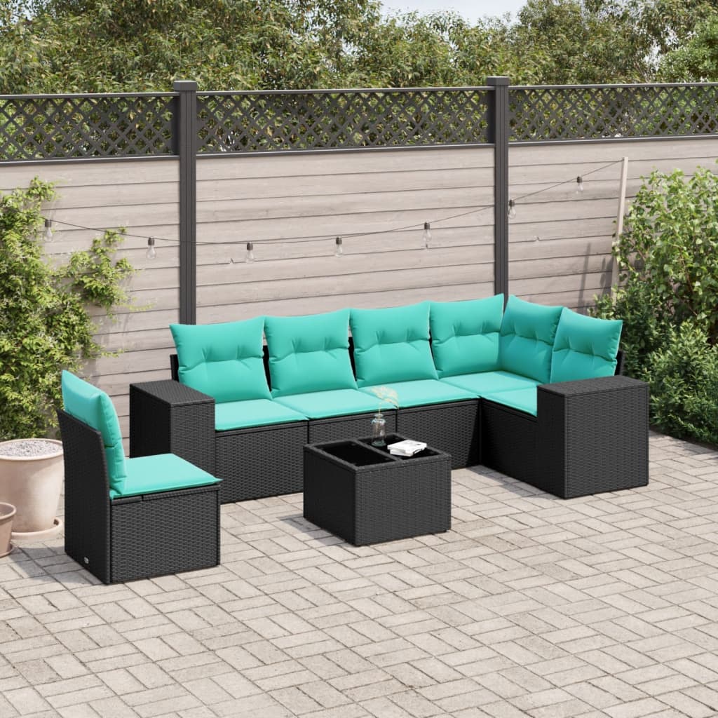 7-teiliges Gartensofa-Set mit Kissen, schwarzes Polyrattan