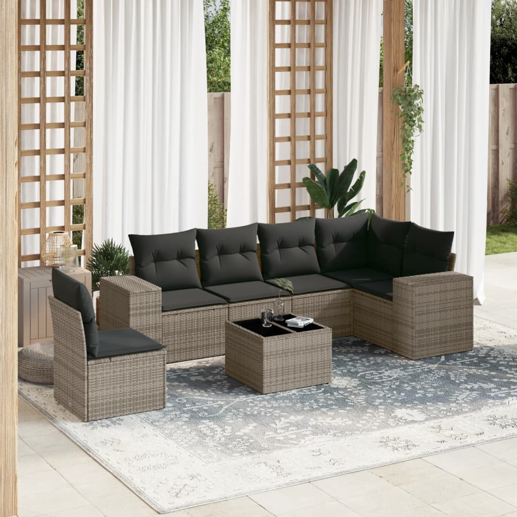 vidaXL 7-tlg. Garten-Sofagarnitur mit Kissen Grau Poly Rattan