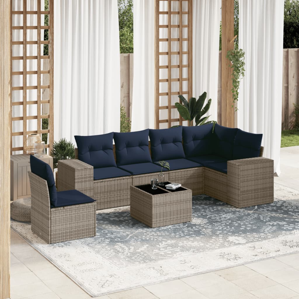 vidaXL 7-teiliges Gartensofa-Set mit Kissen, grau, Polyrattan