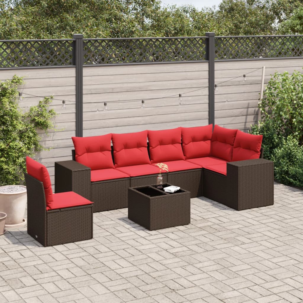 vidaXL 7-teiliges Gartensofa-Set mit Kissen, braun, Polyrattan