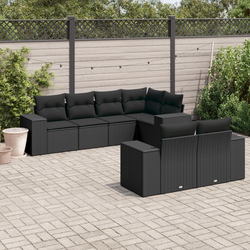 vidaXL 7-tlg. Garten-Sofagarnitur mit Kissen Schwarz Poly Rattan