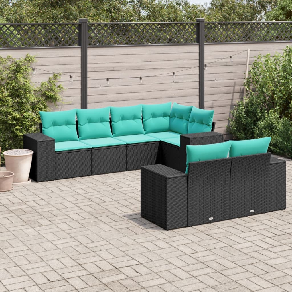 vidaXL 7-teiliges Gartensofa-Set mit Kissen, schwarzes Polyrattan