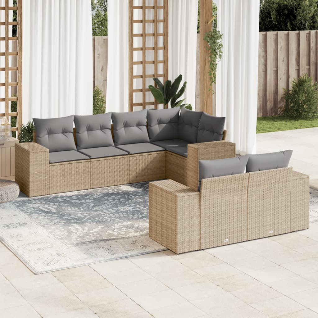 vidaXL 7-tlg. Garten-Sofagarnitur mit Kissen Beige Poly Rattan