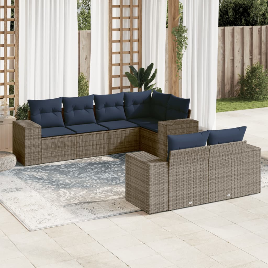vidaXL 7-teiliges Gartensofa-Set mit Kissen, grau, Polyrattan