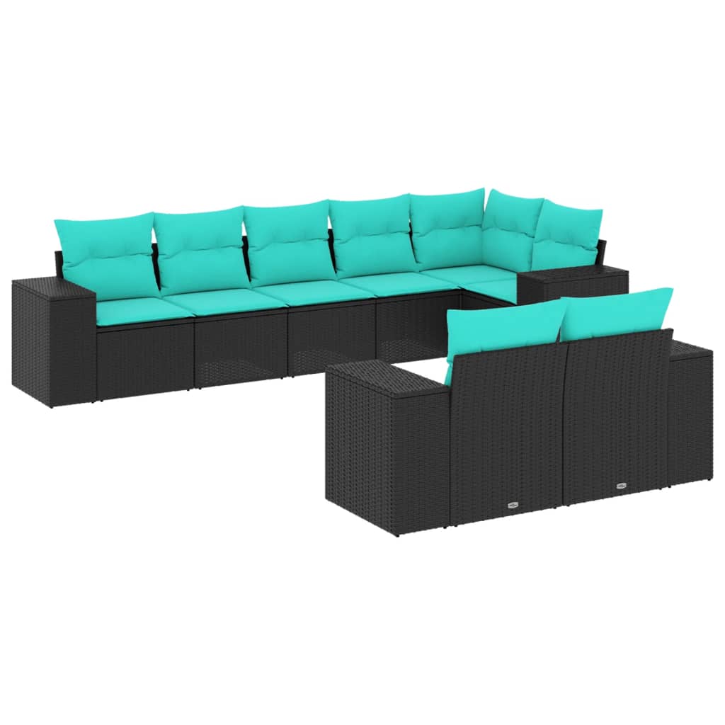 8-teiliges Gartensofa-Set mit Kissen, schwarzes Polyrattan – Ansicht 2