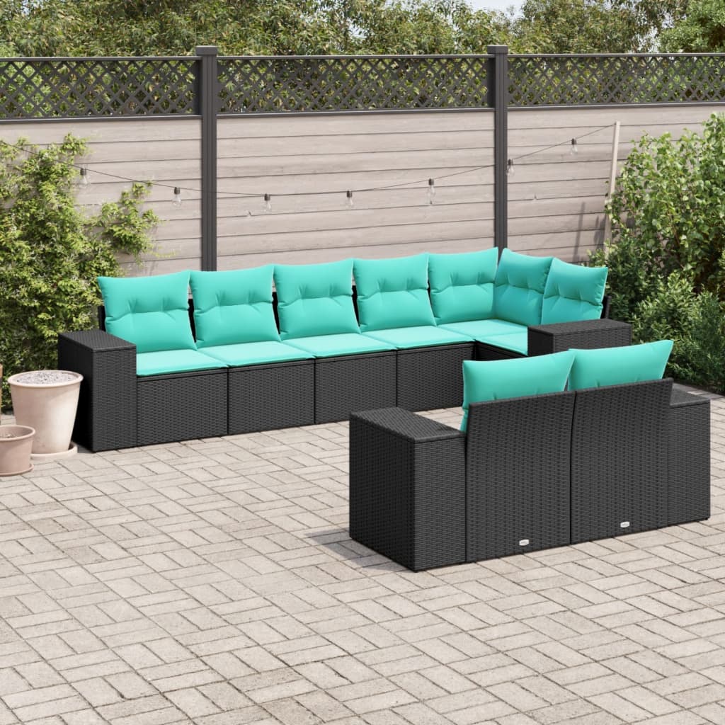 vidaXL 8-teiliges Gartensofa-Set mit Kissen, schwarzes Polyrattan