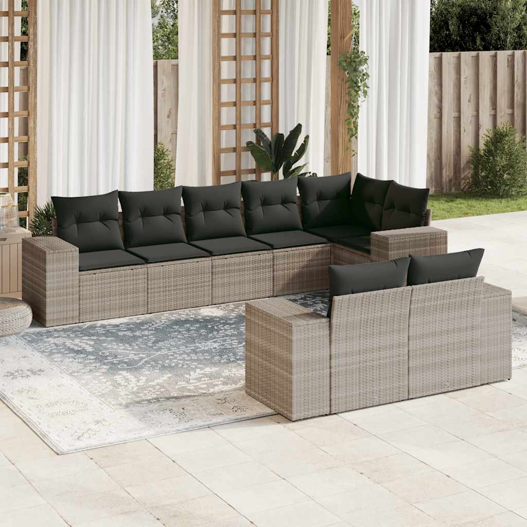 vidaXL 8-tlg. Garten-Sofagarnitur mit Kissen Hellgrau Poly Rattan