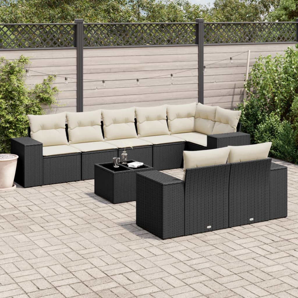 vidaXL 9-tlg. Garten-Sofagarnitur mit Kissen Schwarz Poly Rattan