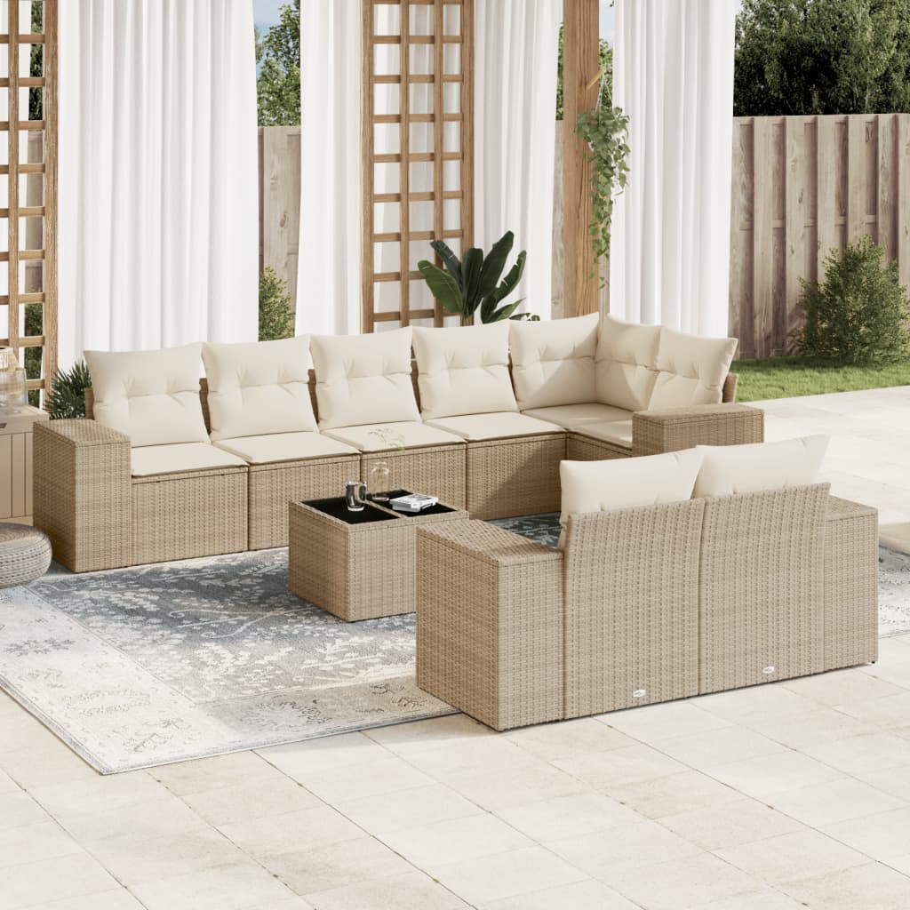 vidaXL 9-tlg. Garten-Sofagarnitur mit Kissen Beige Poly Rattan