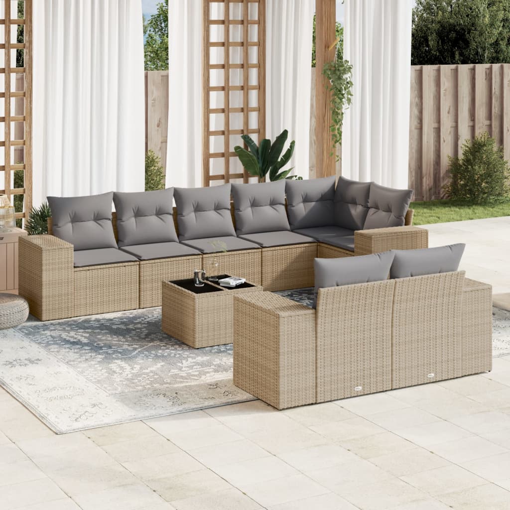 vidaXL 9-tlg. Garten-Sofagarnitur mit Kissen Beige Poly Rattan