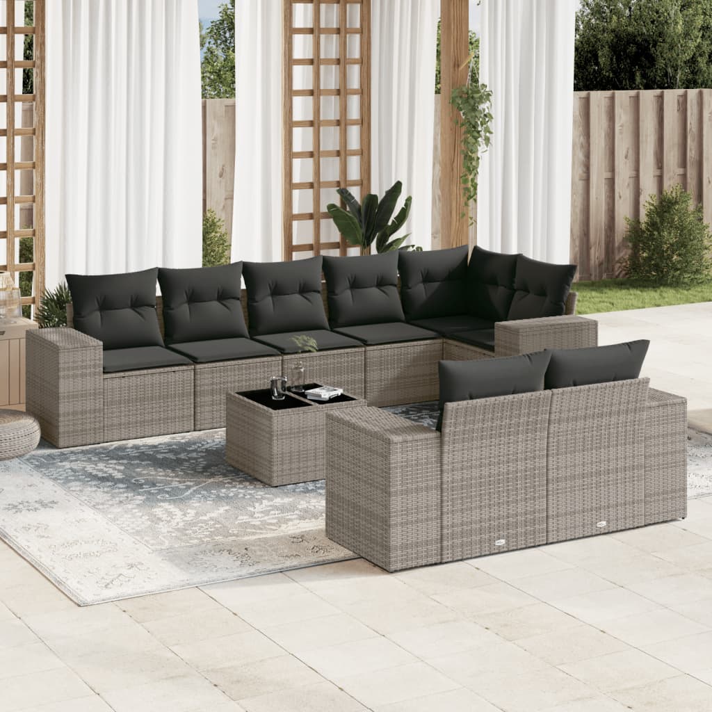 vidaXL 9-tlg. Garten-Sofagarnitur mit Kissen Grau Poly Rattan