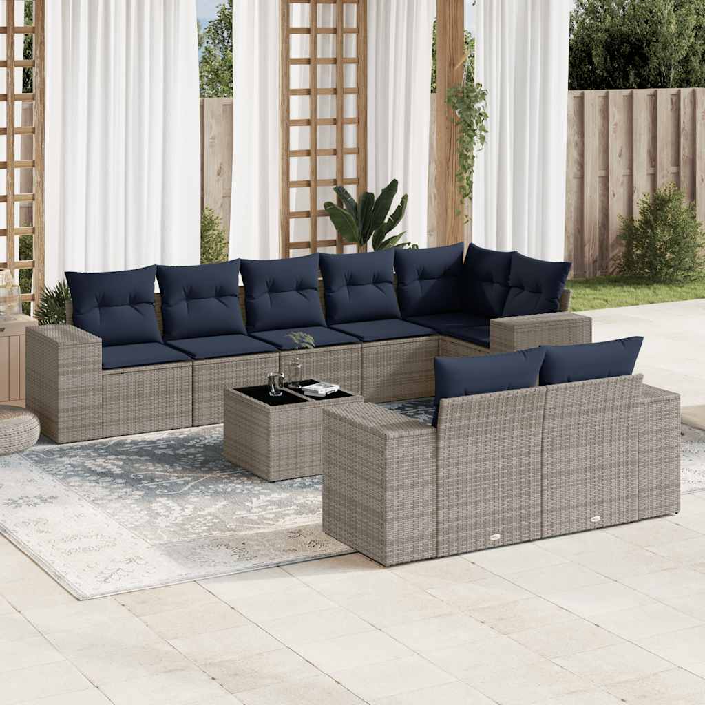 9-teiliges Gartensofa-Set mit Kissen, grau, Polyrattan