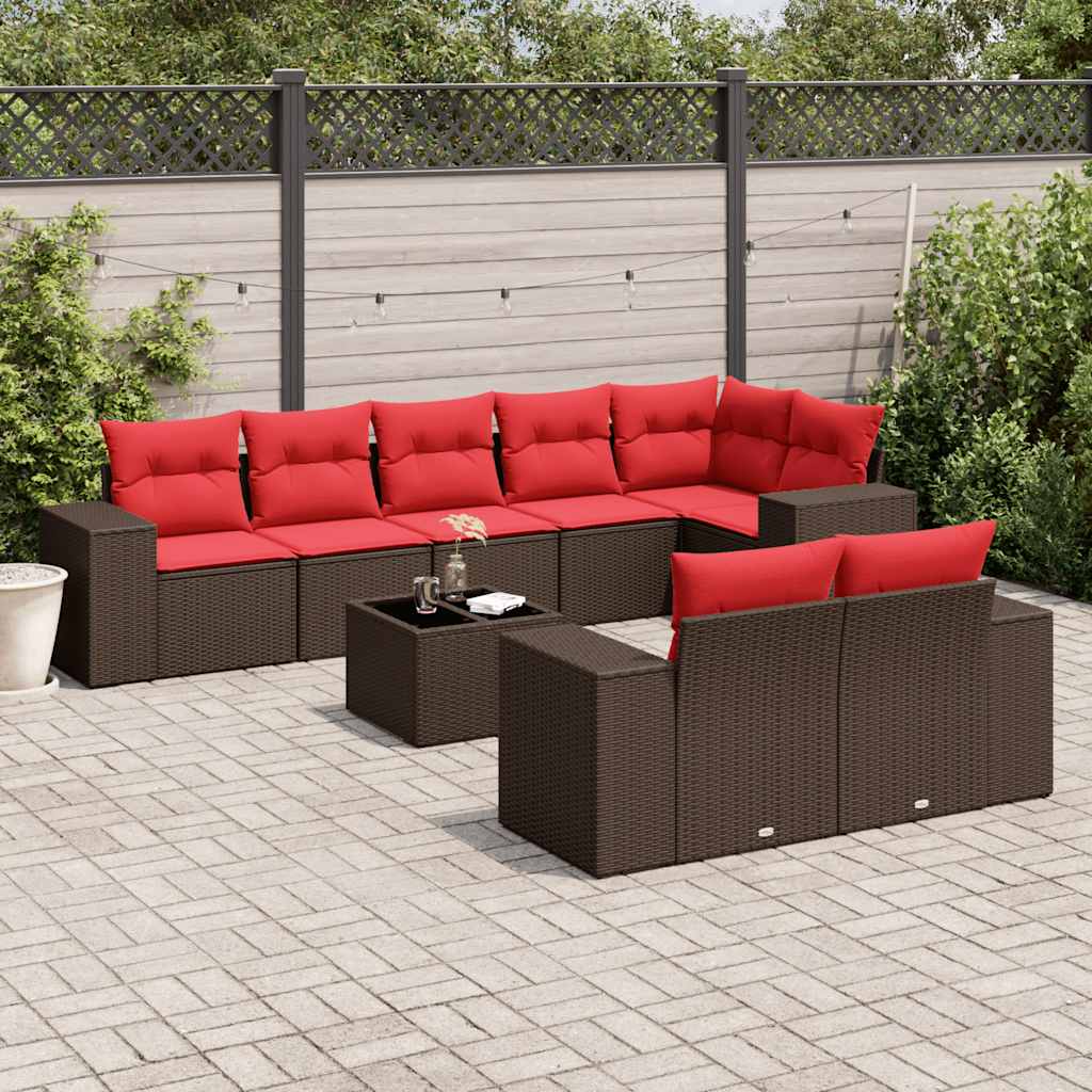 9-teiliges Gartensofa-Set mit Kissen, braun, Polyrattan