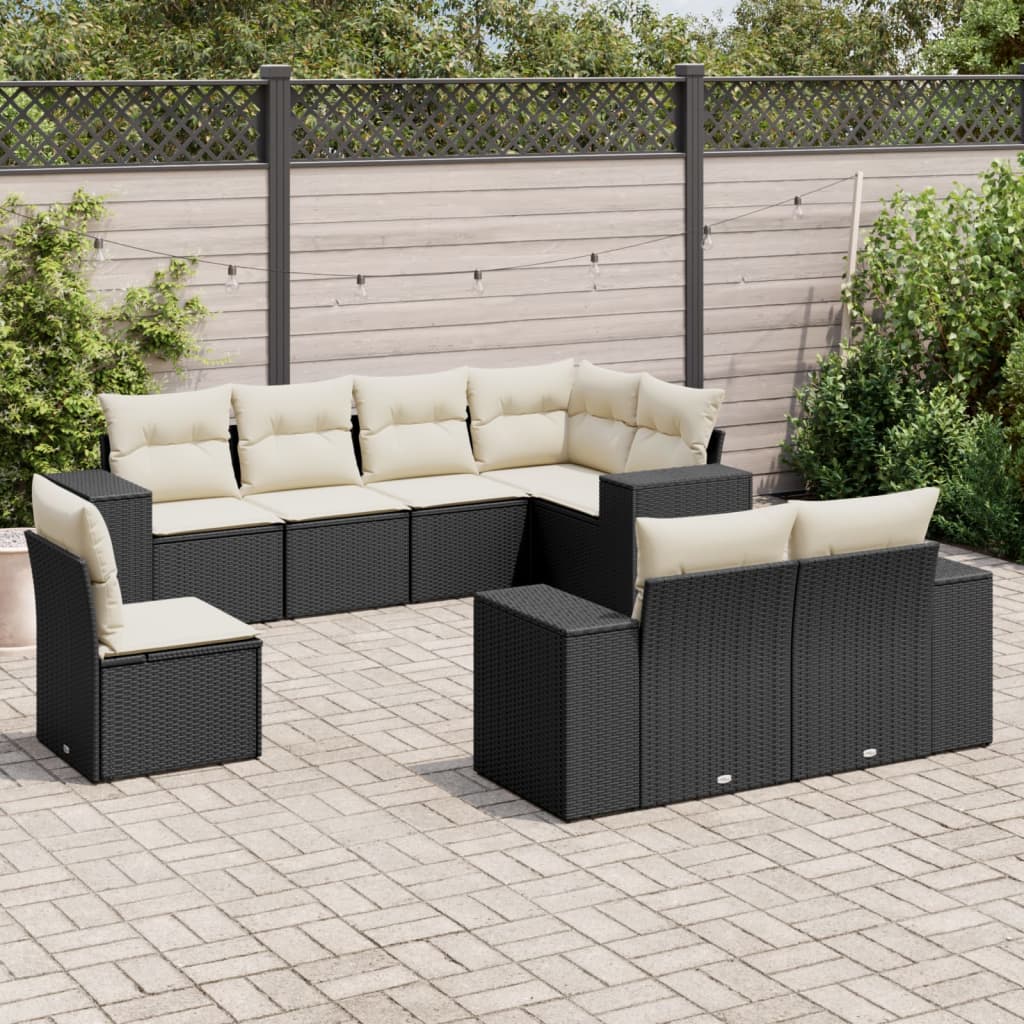 vidaXL 8-tlg. Garten-Sofagarnitur mit Kissen Schwarz Poly Rattan