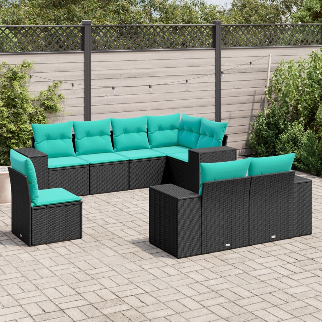 vidaXL 8-teiliges Gartensofa-Set mit Kissen, schwarzes Polyrattan