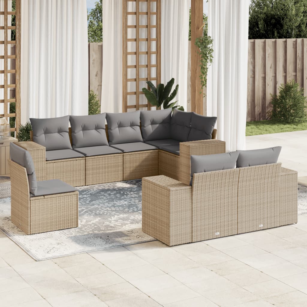 vidaXL 8-tlg. Garten-Sofagarnitur mit Kissen Beige Poly Rattan