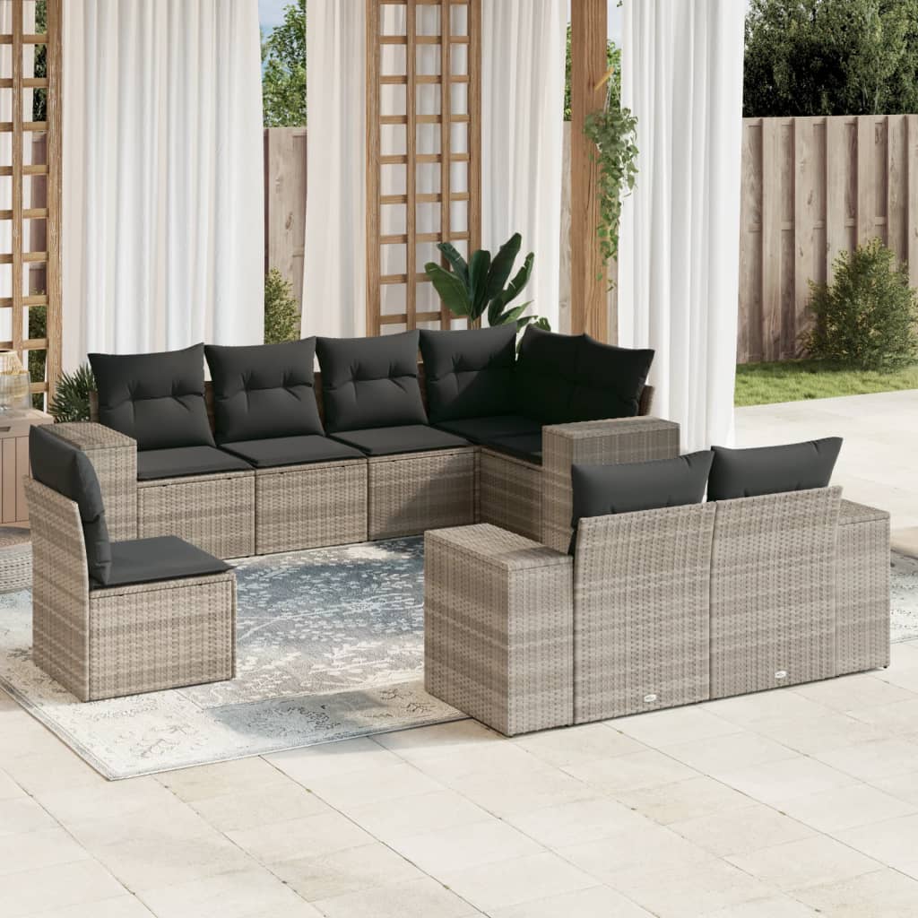 vidaXL 8-tlg. Garten-Sofagarnitur mit Kissen Hellgrau Poly Rattan