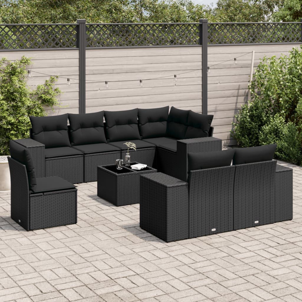 9-tlg. Garten-Sofagarnitur mit Kissen Schwarz Poly Rattan