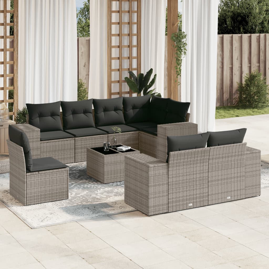 vidaXL 9-tlg. Garten-Sofagarnitur mit Kissen Grau Poly Rattan