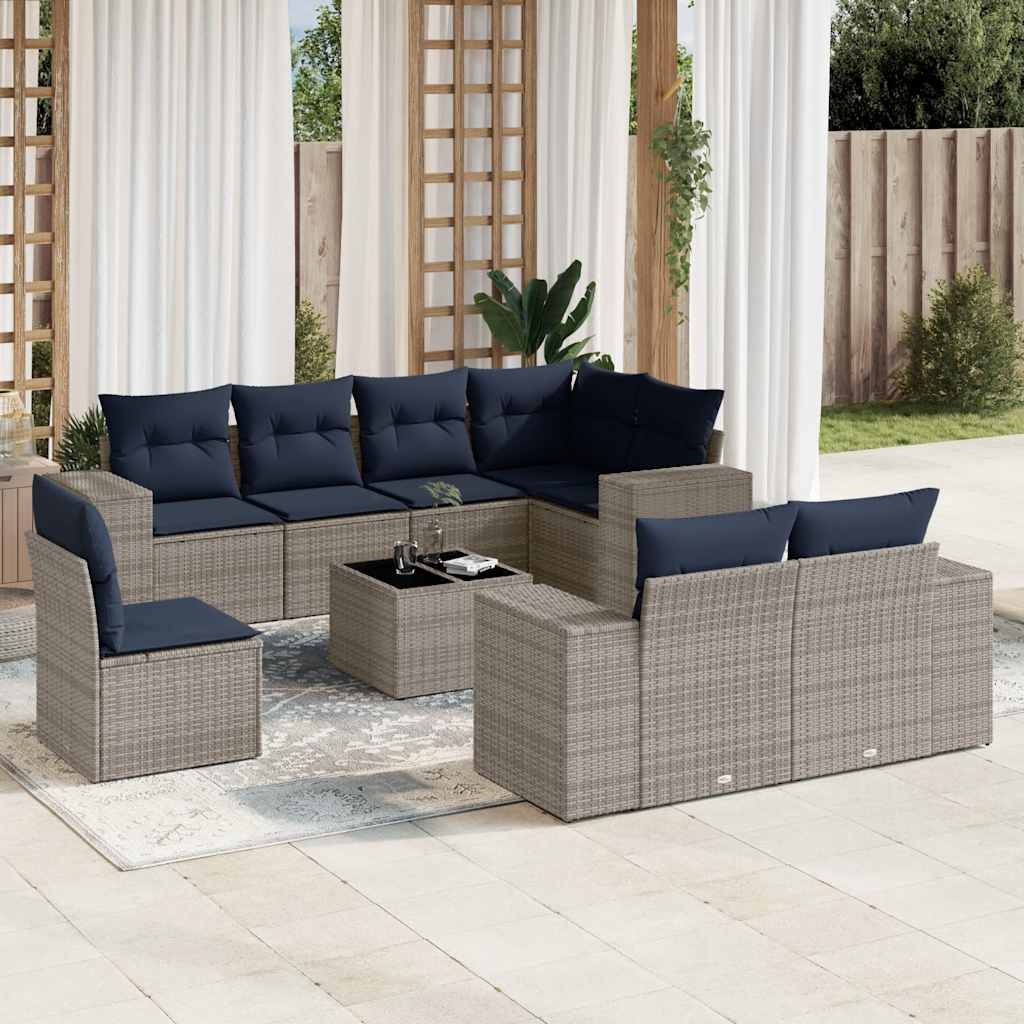vidaXL 9-teiliges Gartensofa-Set mit Kissen, grau, Polyrattan