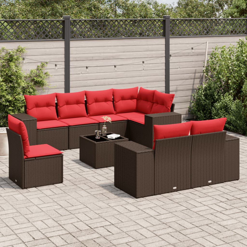 vidaXL 9-teiliges Gartensofa-Set mit Kissen, braun, Polyrattan