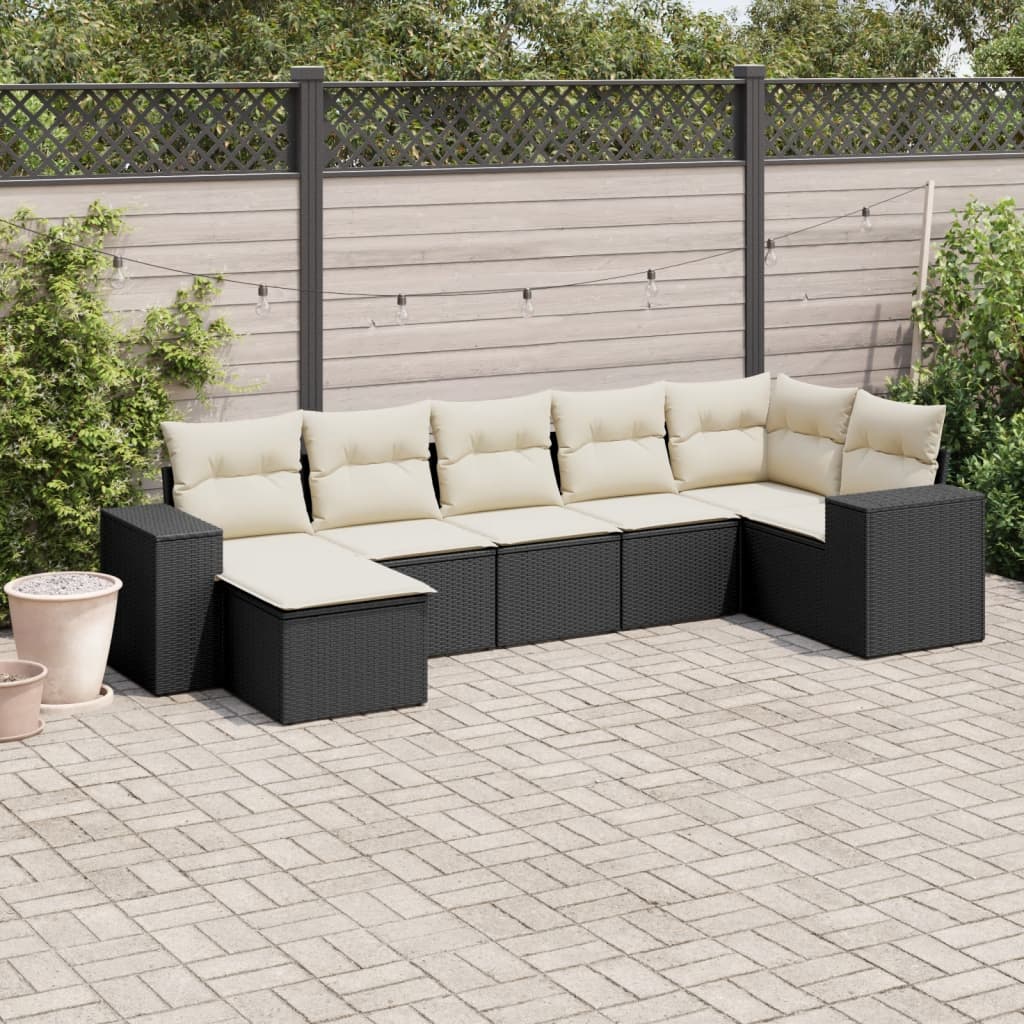 7-tlg. Garten-Sofagarnitur mit Kissen Schwarz Poly Rattan