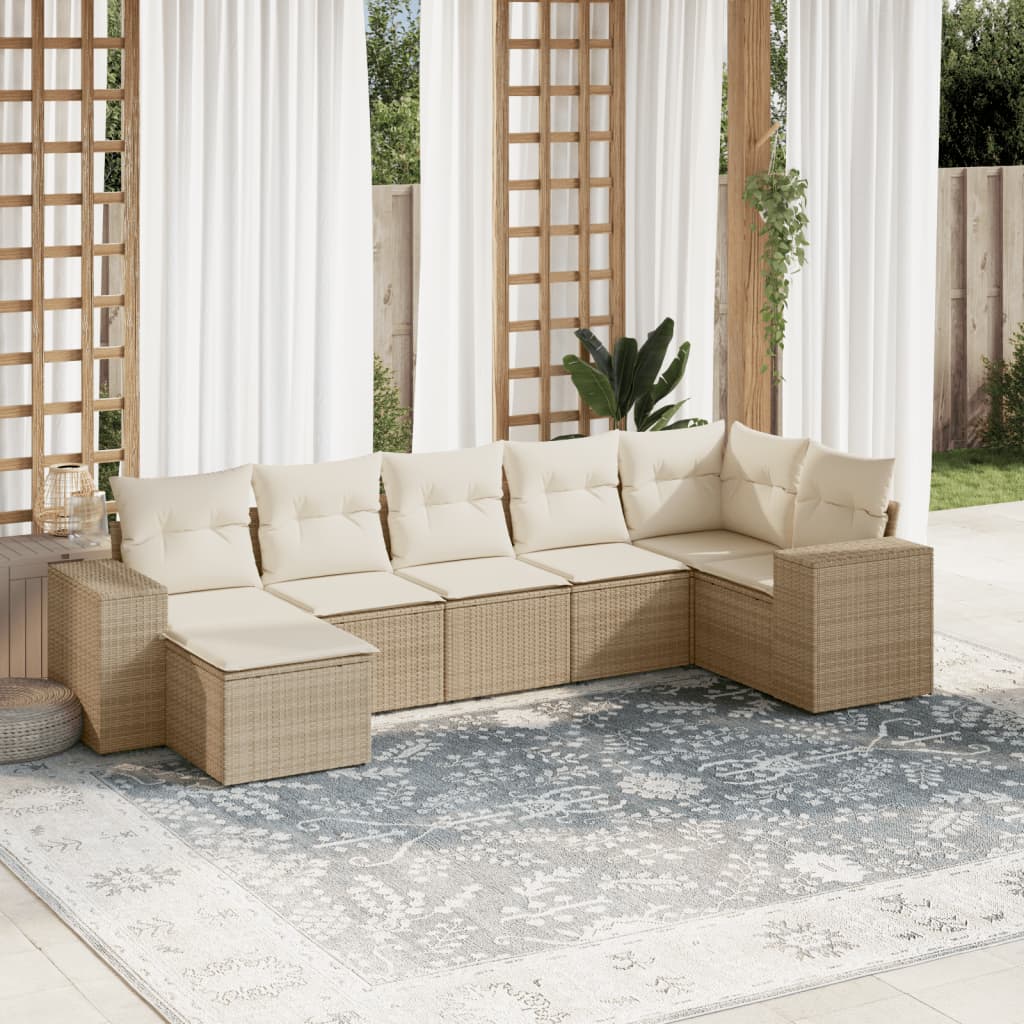 vidaXL 7-tlg. Garten-Sofagarnitur mit Kissen Beige Poly Rattan