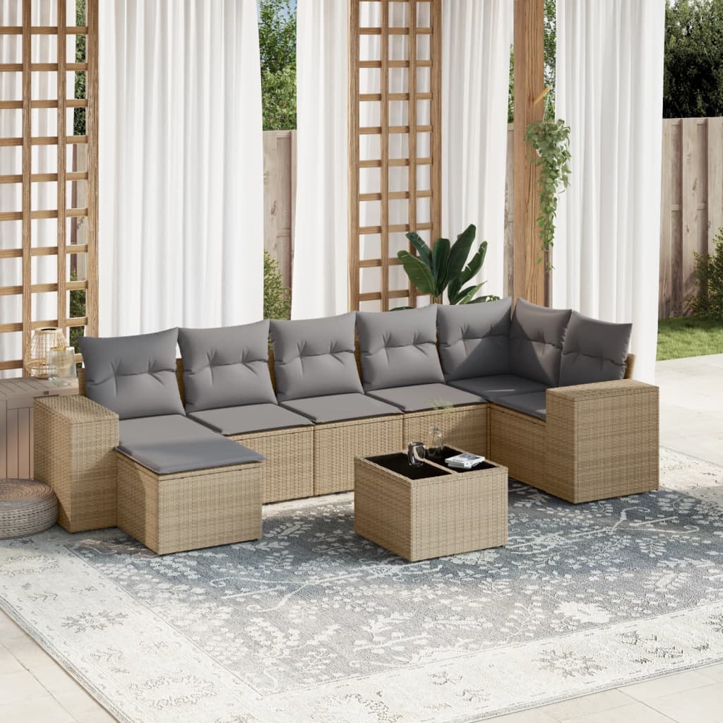 vidaXL 8-tlg. Garten-Sofagarnitur mit Kissen Beige Poly Rattan