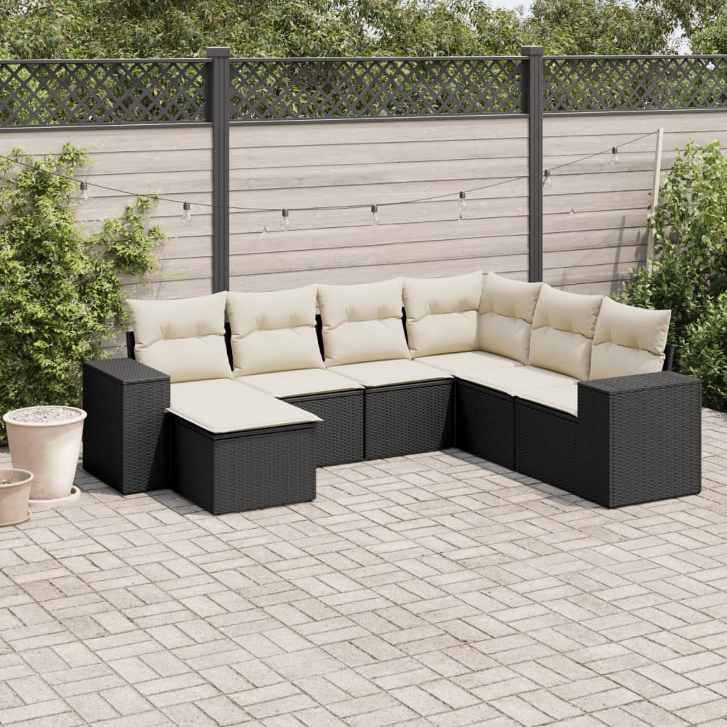 vidaXL 7-tlg. Garten-Sofagarnitur mit Kissen Schwarz Poly Rattan