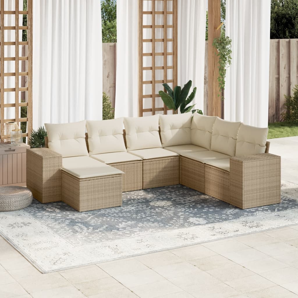 vidaXL 7-tlg. Garten-Sofagarnitur mit Kissen Beige Poly Rattan