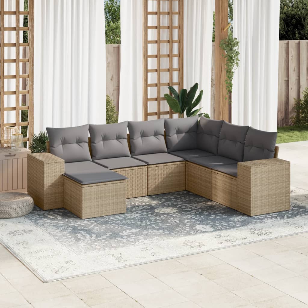 7-tlg. Garten-Sofagarnitur mit Kissen Beige Poly Rattan