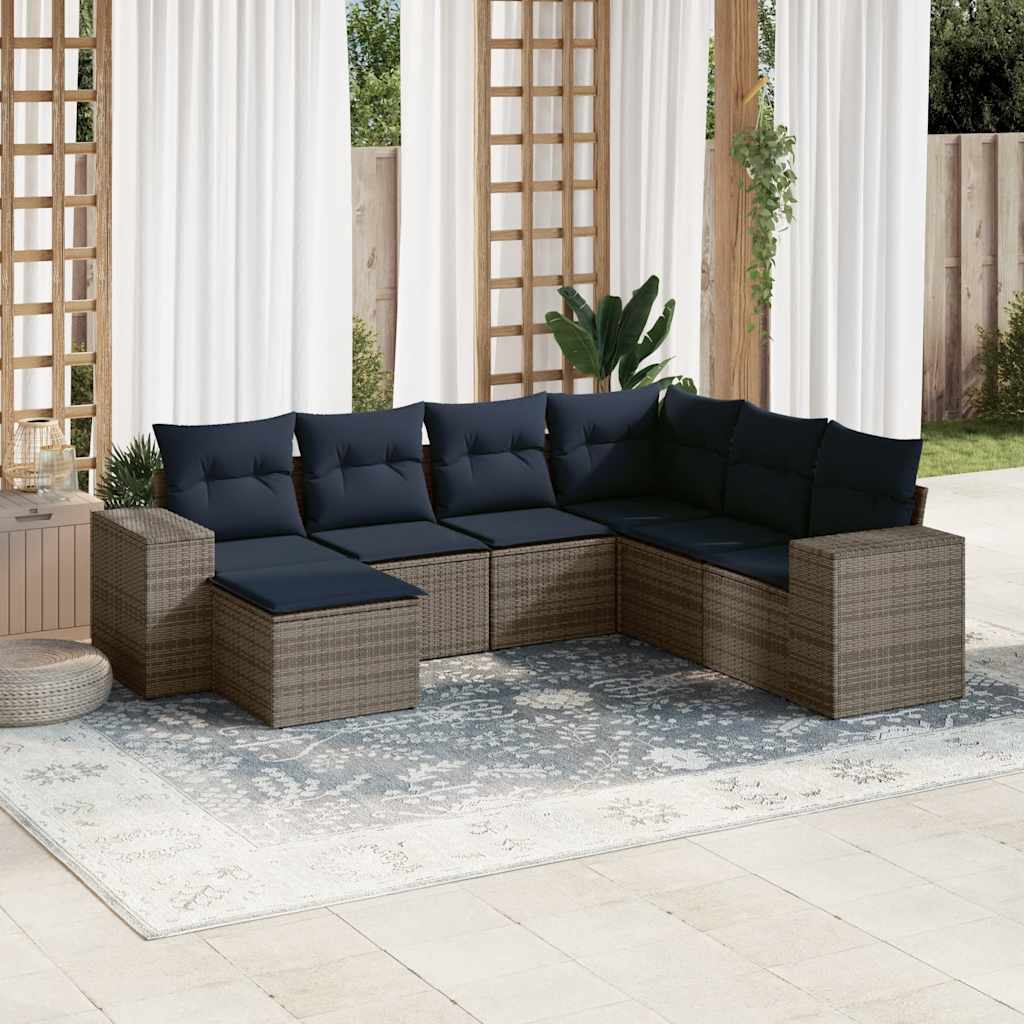 vidaXL 7-teiliges Gartensofa-Set mit Kissen, grau, Polyrattan