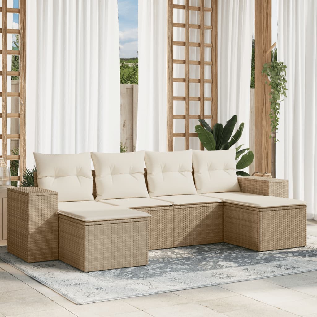 6-tlg. Garten-Sofagarnitur mit Kissen Beige Poly Rattan