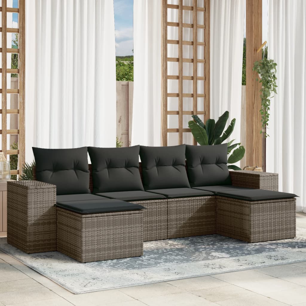 vidaXL 6-tlg. Garten-Sofagarnitur mit Kissen Grau Poly Rattan