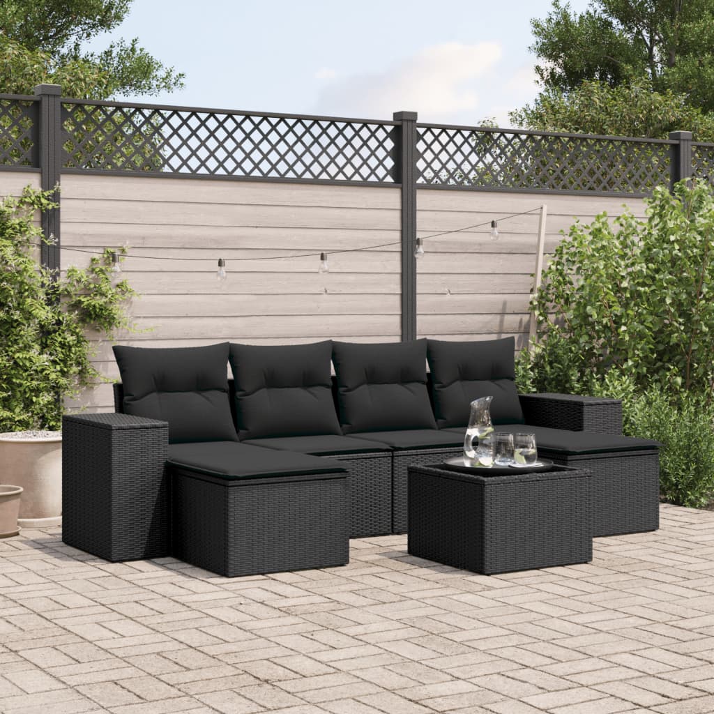 vidaXL 7-tlg. Garten-Sofagarnitur mit Kissen Schwarz Poly Rattan