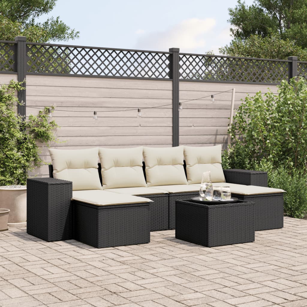 vidaXL 7-tlg. Garten-Sofagarnitur mit Kissen Schwarz Poly Rattan