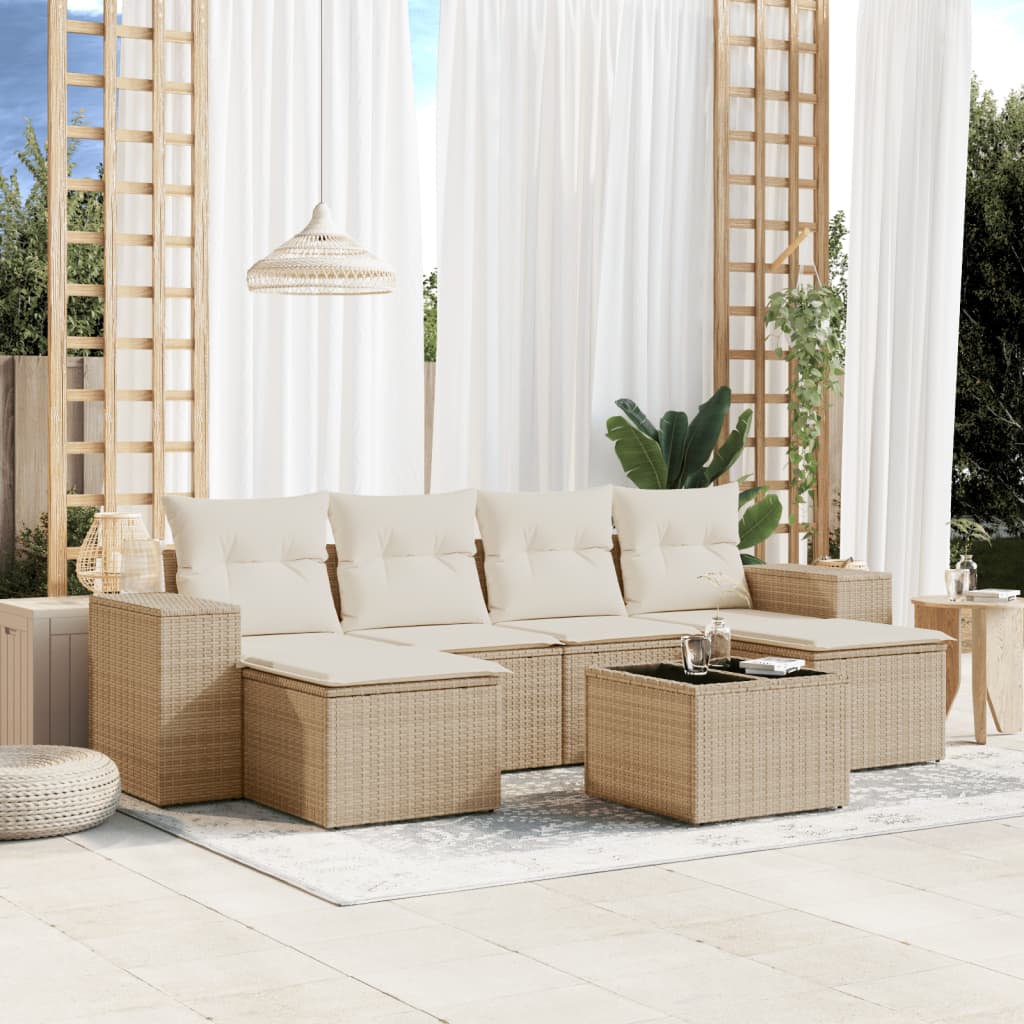 vidaXL 7-tlg. Garten-Sofagarnitur mit Kissen Beige Poly Rattan