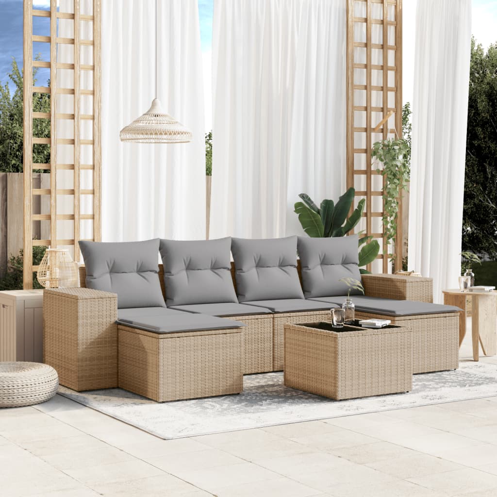 7-tlg. Garten-Sofagarnitur mit Kissen Beige Poly Rattan