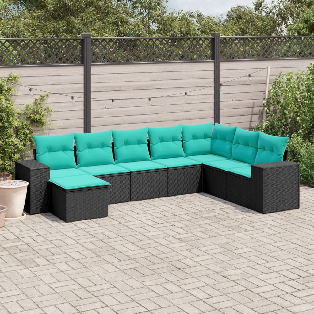 vidaXL 8-teiliges Gartensofa-Set mit Kissen, schwarzes Polyrattan