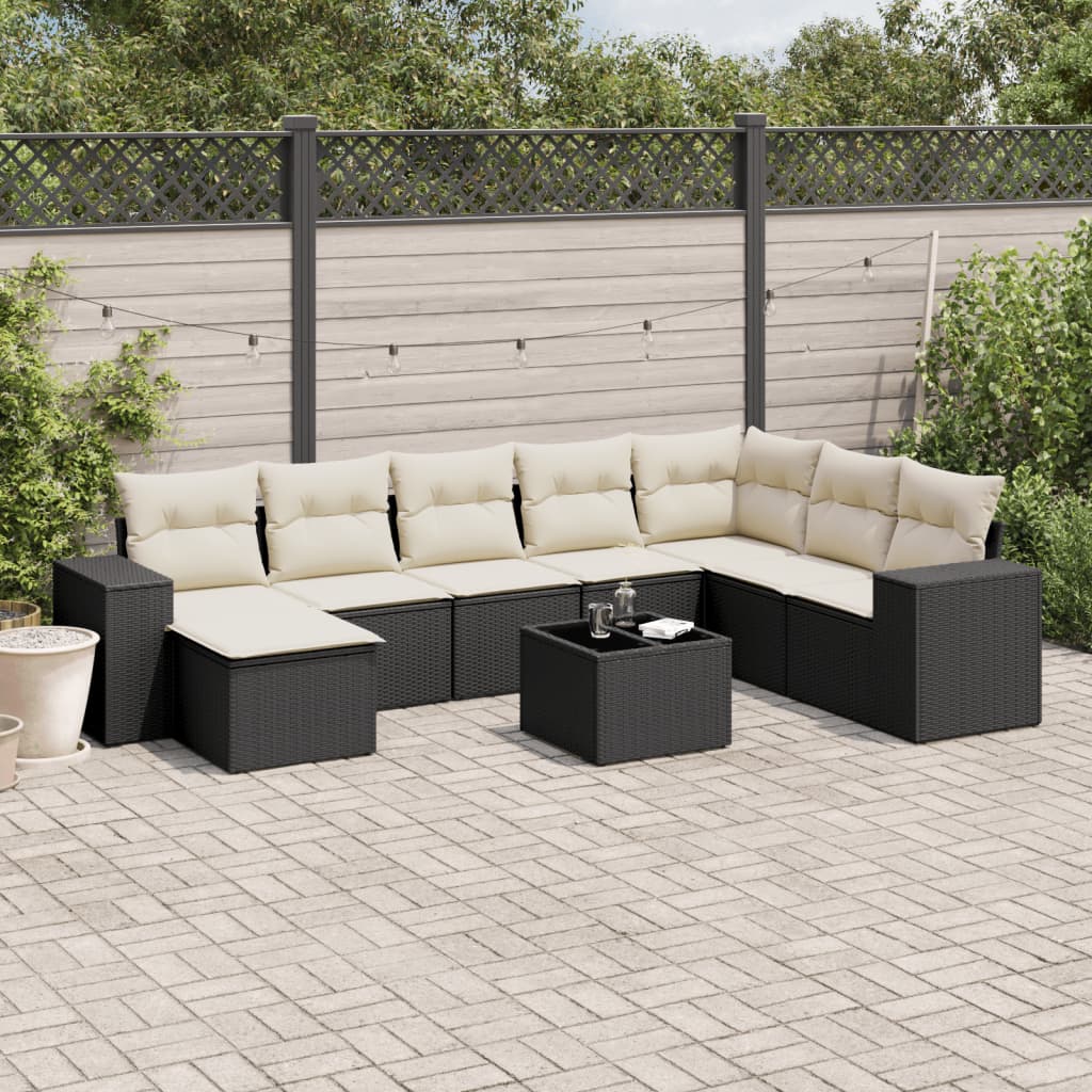 vidaXL 9-tlg. Garten-Sofagarnitur mit Kissen Schwarz Poly Rattan