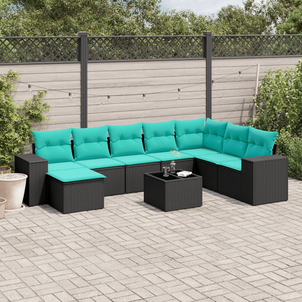 Havesofasæt med 9 dele i sort polyrattan - inkl. blå hynder