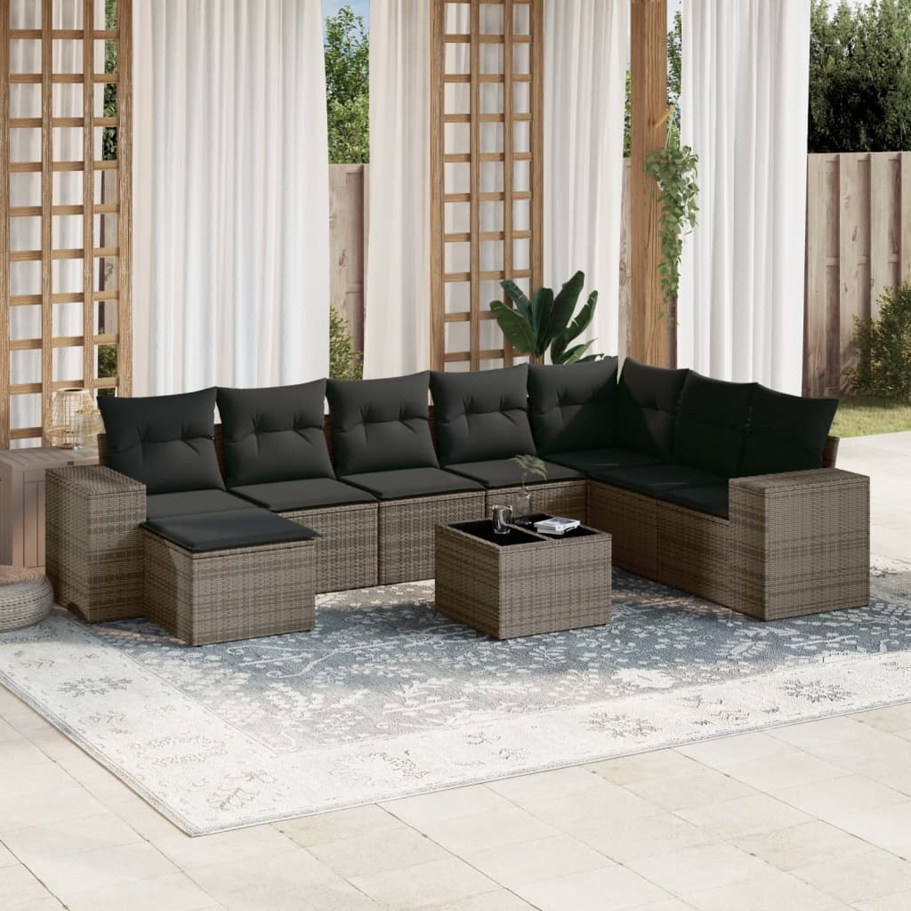 9-tlg. Garten-Sofagarnitur mit Kissen Grau Poly Rattan